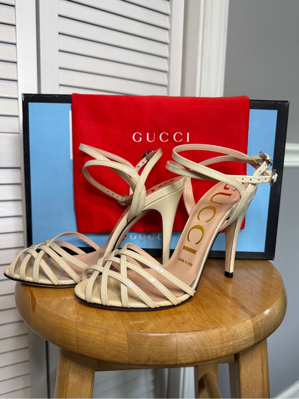 Gucci Women's Patent Leather Shiny High Heel Sandals Beige Sz 36.5
